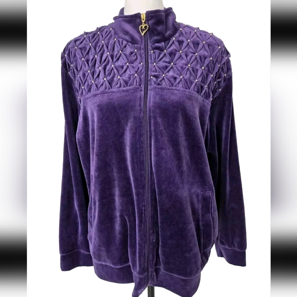 Purple Velour Retro Zip-Up Jacket Quilted Gold Draper & Damons Jacket Sz P XL